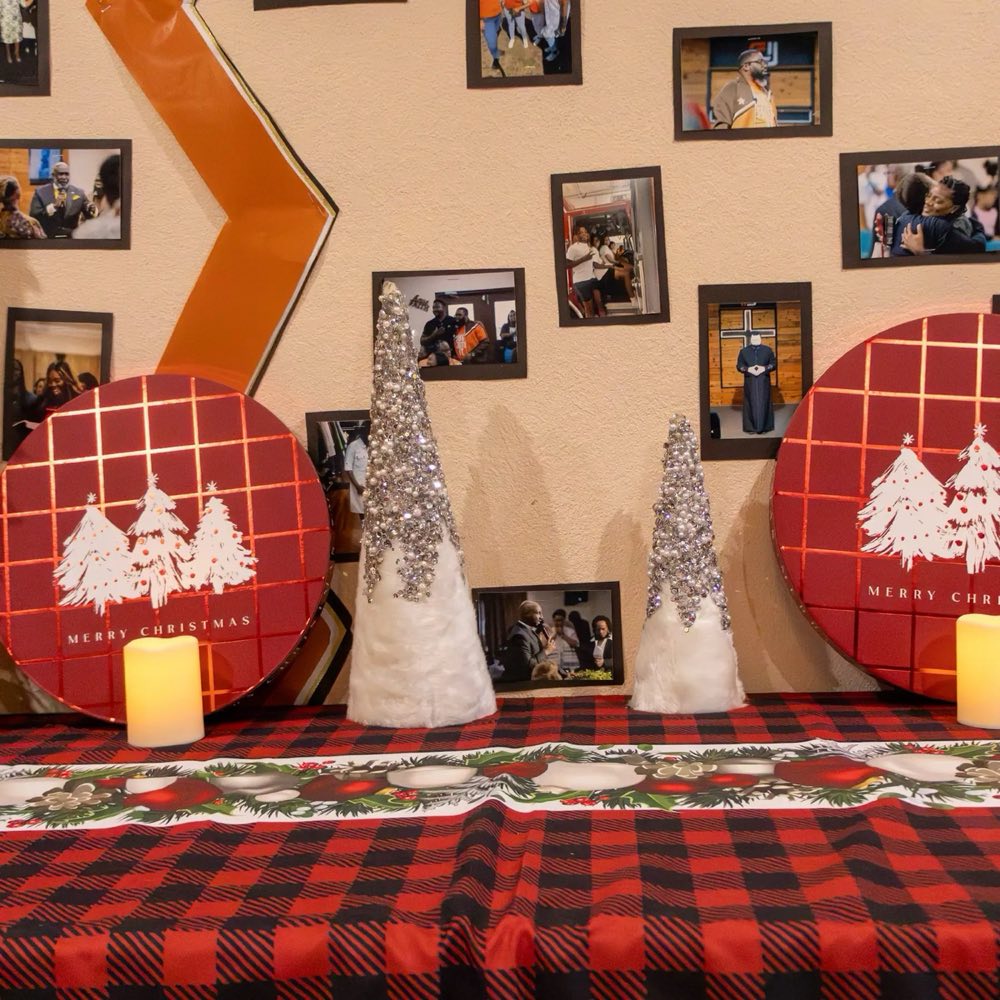 Holiday backdrop with plaid and ornaments